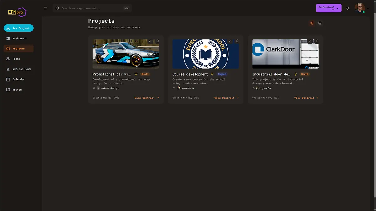 EFN Pro projects dashboard with project cards and a sidebar of tools