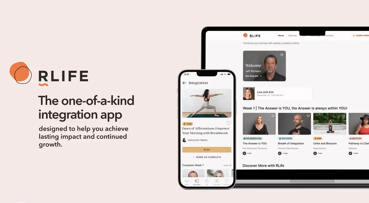 RLife app screens on a phone and a laptop