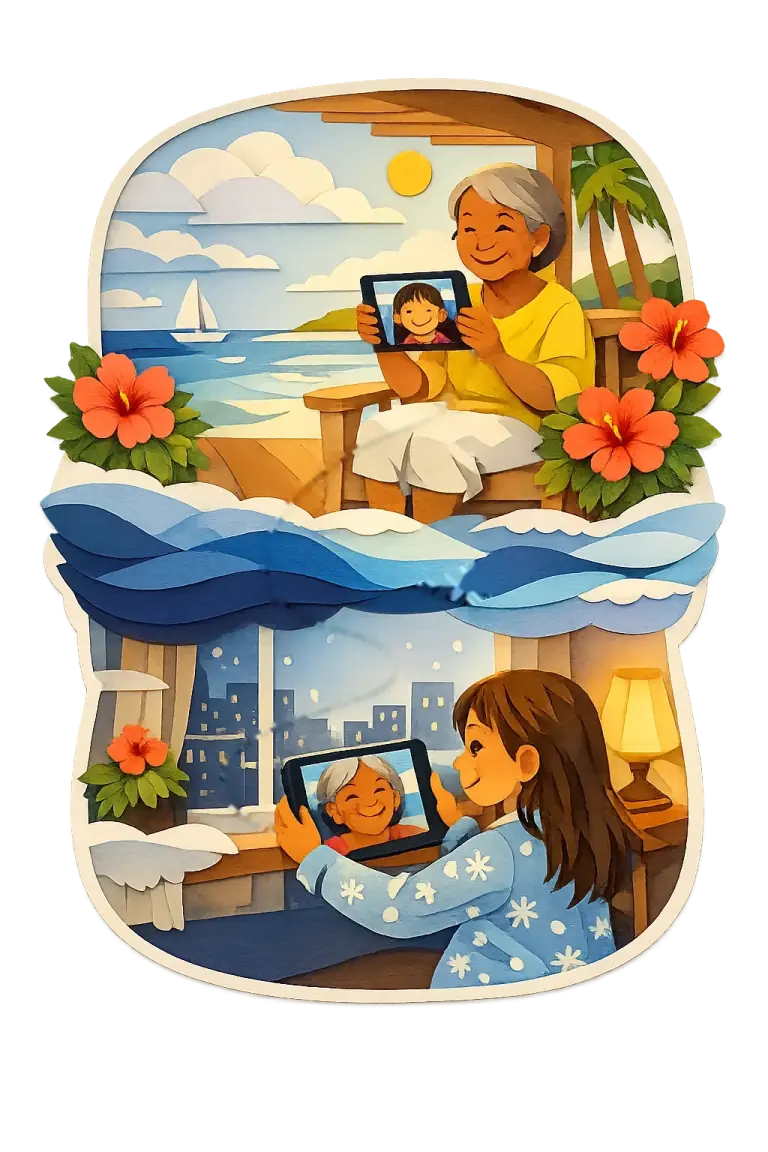 A girl by a frosty city window talks on a tablet with her grandmother on a sunny island porch, the sea between them.
