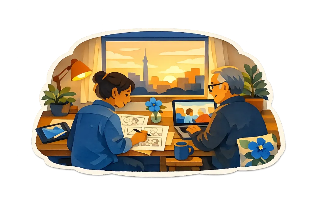 Paper-cut illustration of two people at a studio desk at sunset: one sketches storyboard frames on paper while the other builds the same scene on a laptop