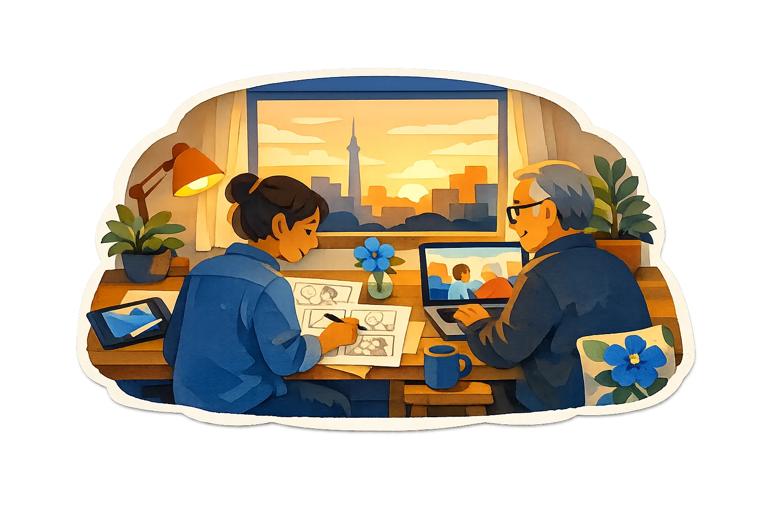 In a warm studio at golden hour, a designer sketches storyboards beside a developer at a laptop, the sketches and the screen showing the same scene.