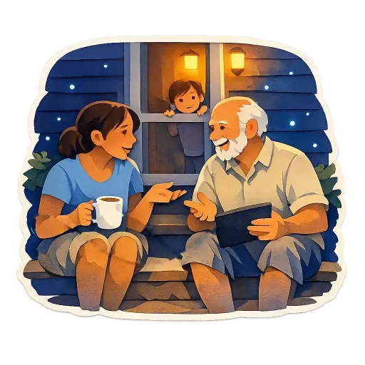 Paper-cut illustration of two neighbours talking on porch steps at night, a woman holding a mug and an older man holding a tablet, while a child listens from the window