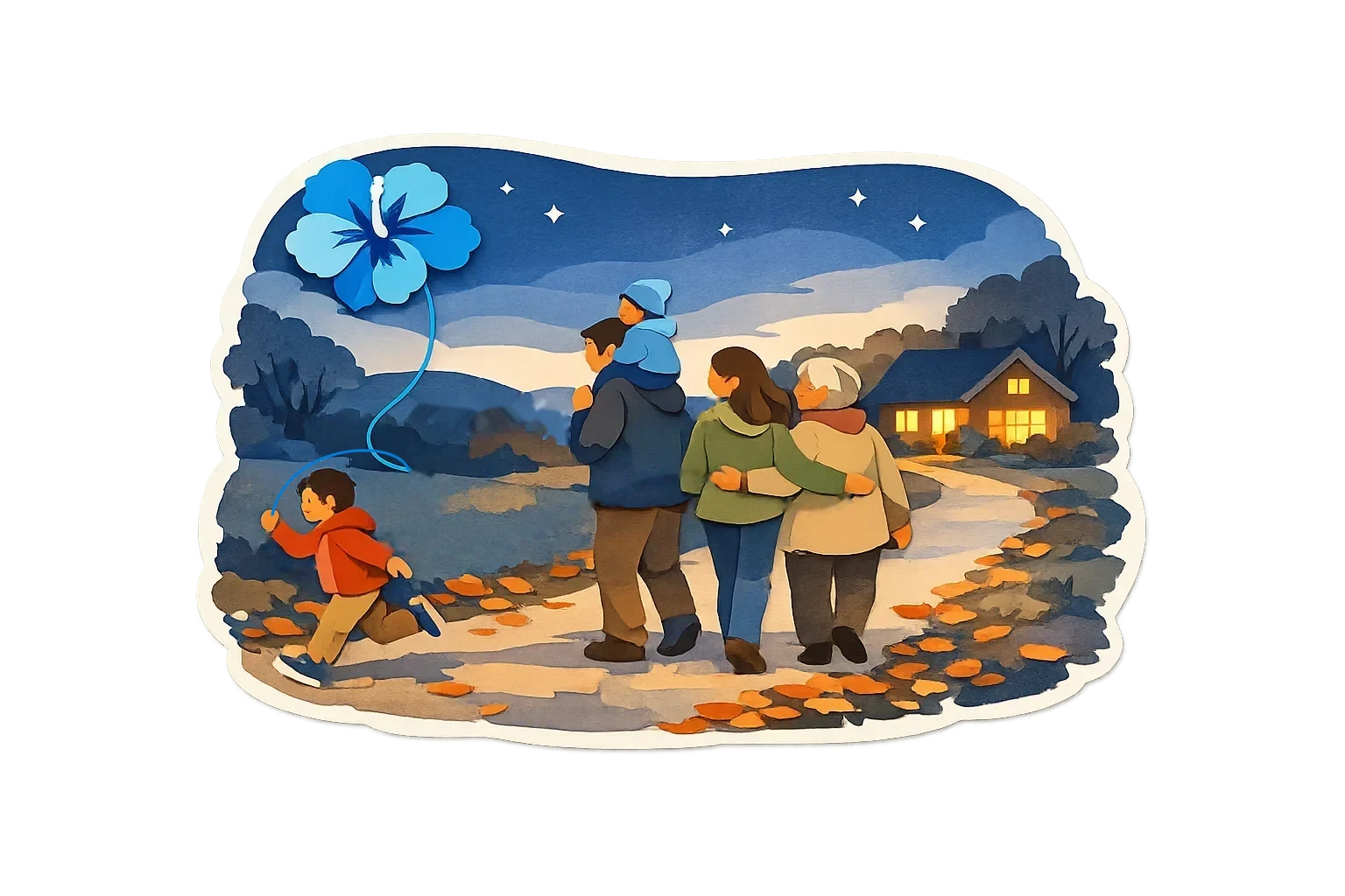 Paper-cut illustration of a family walking home at dusk toward a lit house, a child running ahead and flying a blue hibiscus kite.