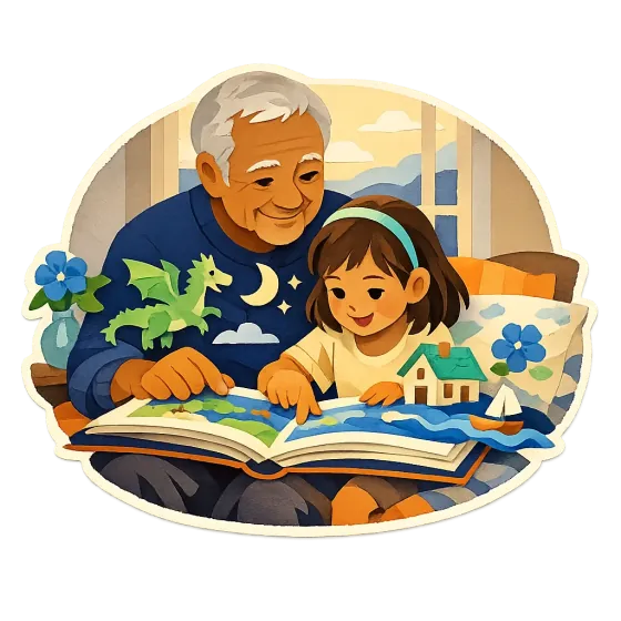 Paper-cut illustration of a grandfather and his granddaughter reading a picture book together