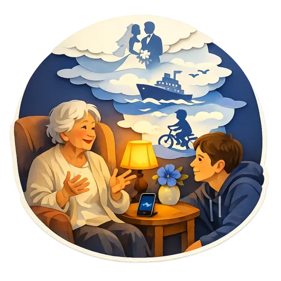Paper-cut illustration of a grandmother telling her grandson a story, her memories drawn in the clouds above them