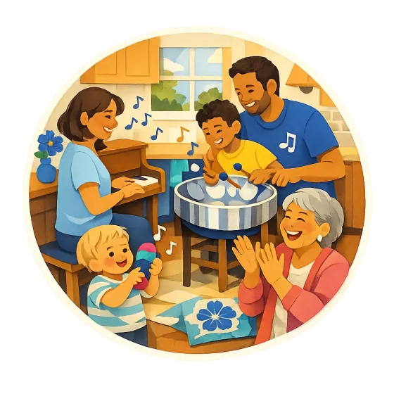 Paper-cut illustration of a family making music together around a steel pan and a piano