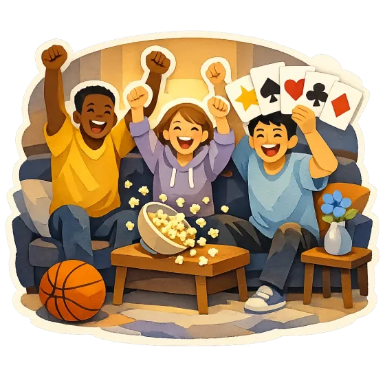 Paper-cut illustration of three friends cheering on a couch, holding up playing cards beside popcorn and a basketball
