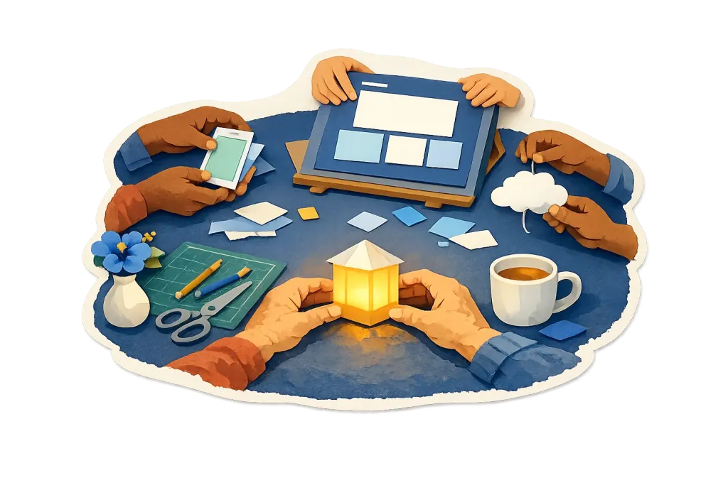 Paper-cut illustration of many hands working around one studio table: a phone, a tablet showing a page layout, a paper cloud, sketching tools and a glowing paper lantern