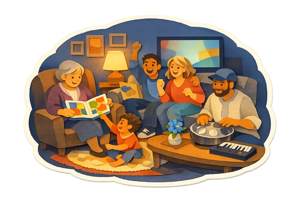 Paper-cut illustration of a family evening at home: a grandmother reads a picture book with a small child, two people cheer at a game on TV, and a man plays a steel pan beside a little keyboard