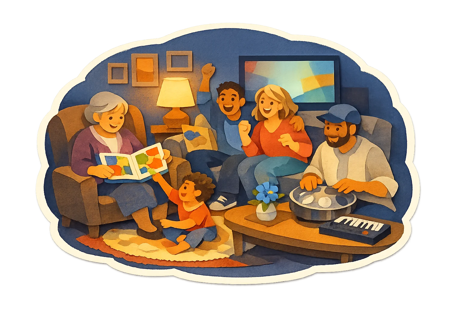 Paper cut illustration of a family at home in the evening: a grandmother reads a picture book with a small child, a parent and a teenager cheer at a basketball game, and an uncle plays a steel pan, all together in one warm room.