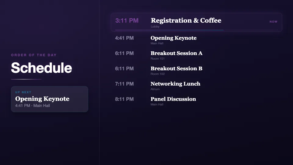 A BirdsEye schedule board for a conference day, listing the opening keynote, breakout sessions and a networking lunch