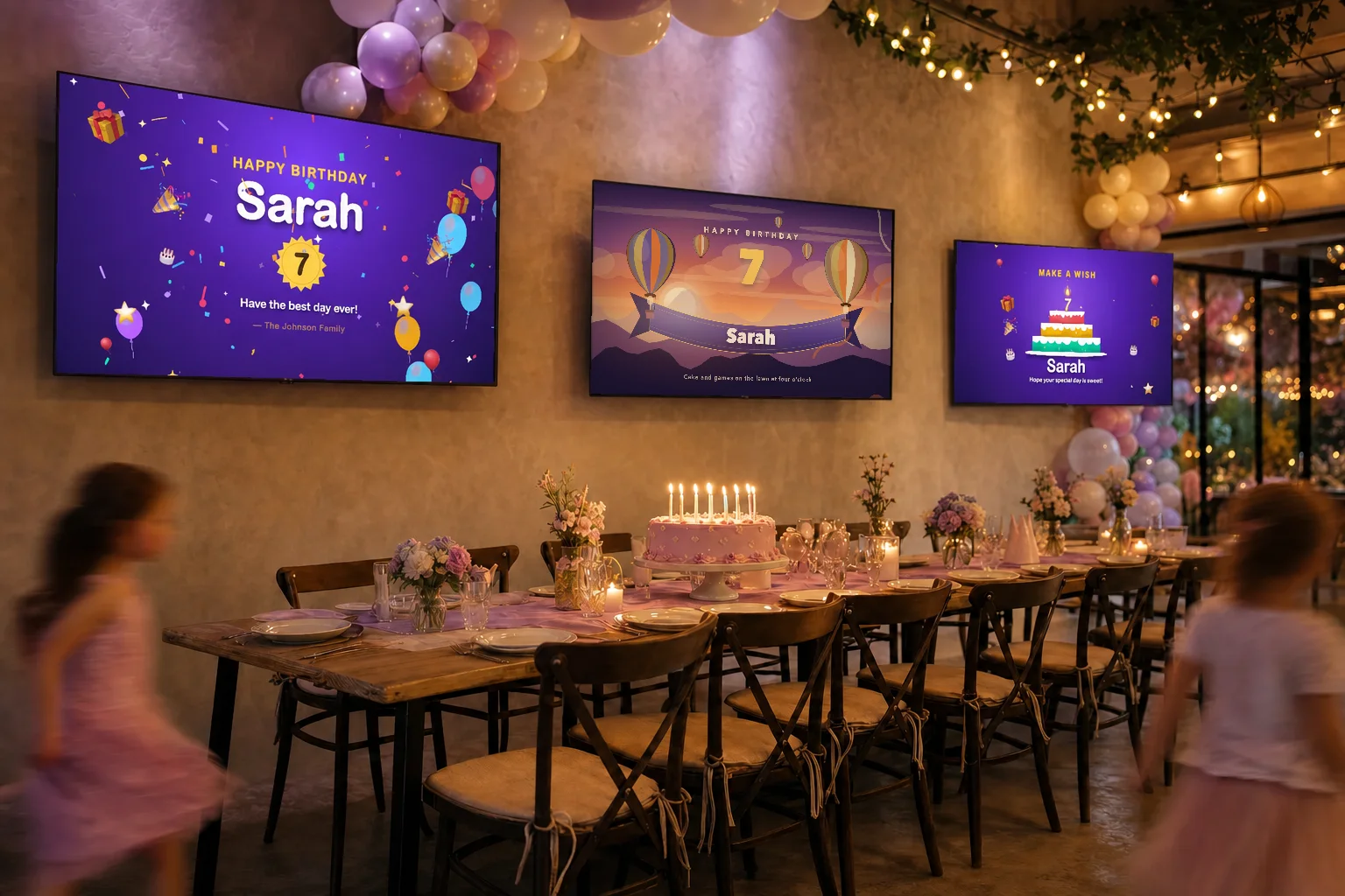 A party room set for a birthday dinner, with three wall TVs showing a Happy Birthday Sarah design and children running past the table