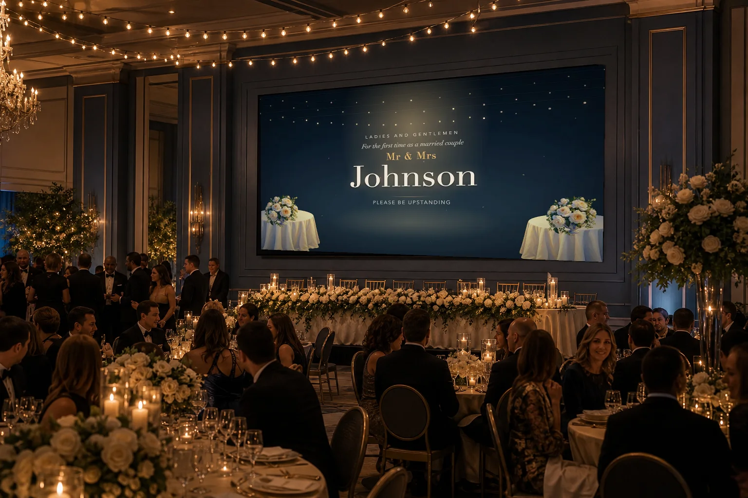 A wedding reception in a ballroom under string lights, with a large screen welcoming the couple