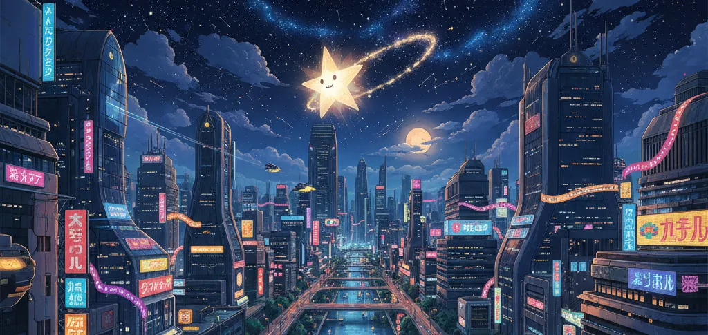 Anime illustration of a neon city at night, with a smiling shooting star trailing sparkles across the sky