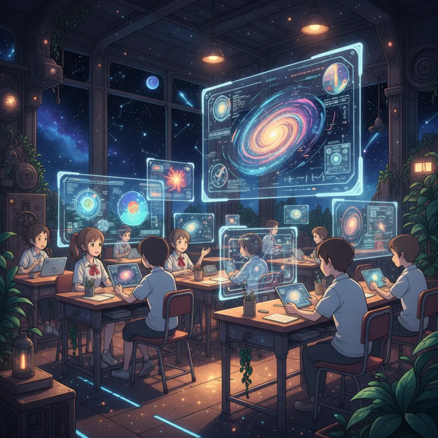 Anime illustration of friends at tables in a cosy room full of glowing holographic screens showing planets and diagrams