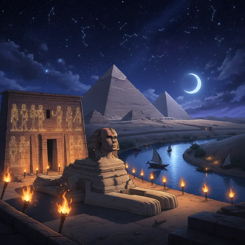 Topic art for Ancient Egypt: the Sphinx and the pyramids under a crescent moon, beside a river lit by torches