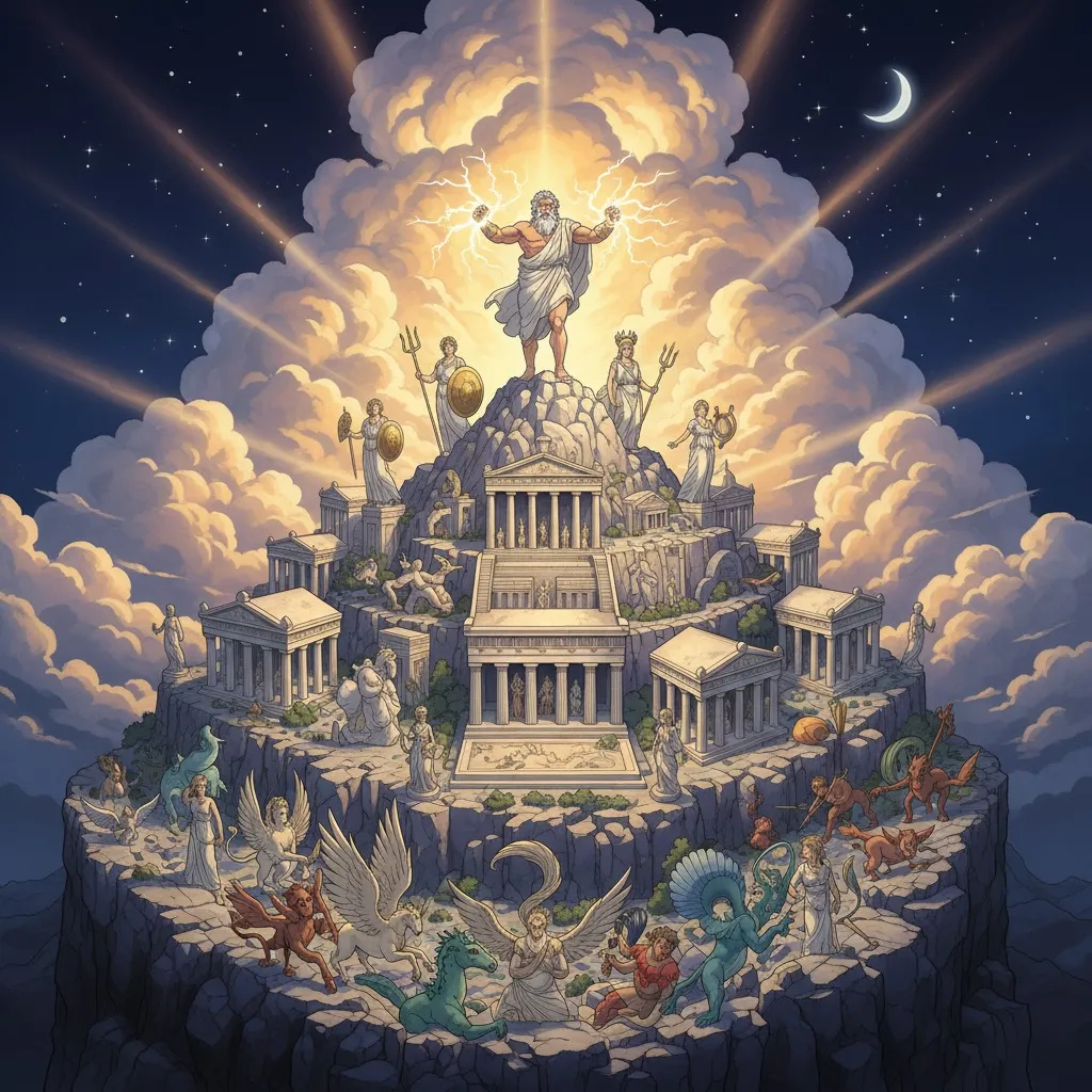 Topic art for Greek Mythology: marble temples and statues on a mountain of golden clouds