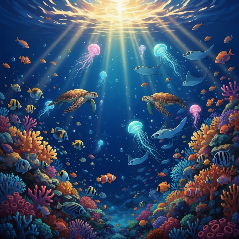 Topic art for Ocean Life: sea turtles, jellyfish and bright fish over a coral reef in rays of sunlight