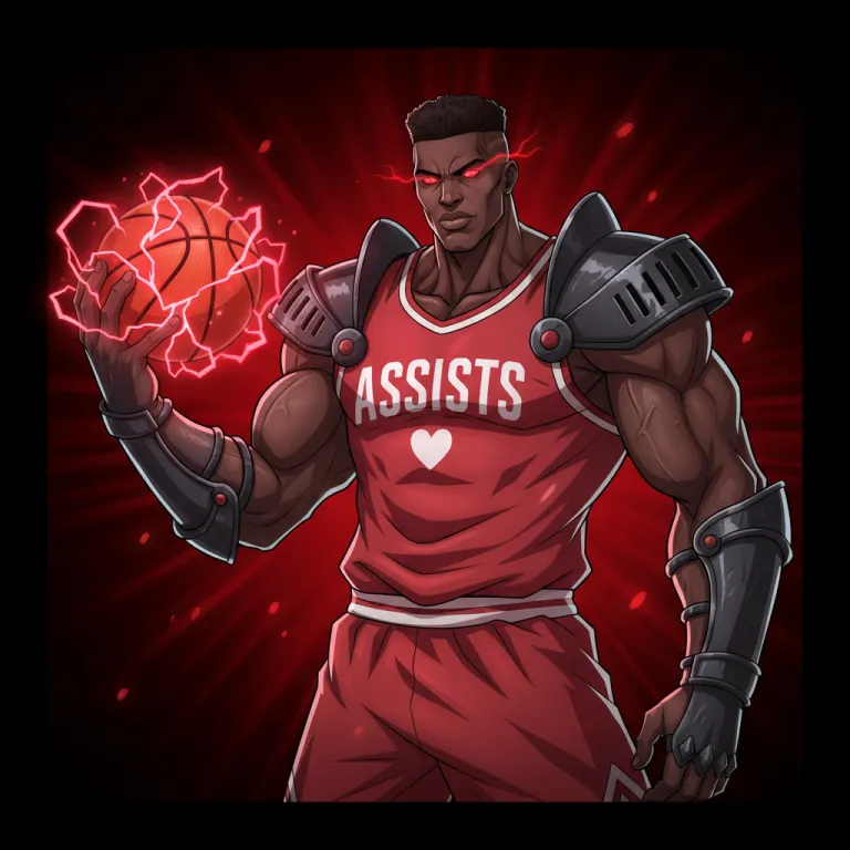 Jokerz card art: an armoured player in red holding a glowing red basketball, the Joker of Hearts for assists
