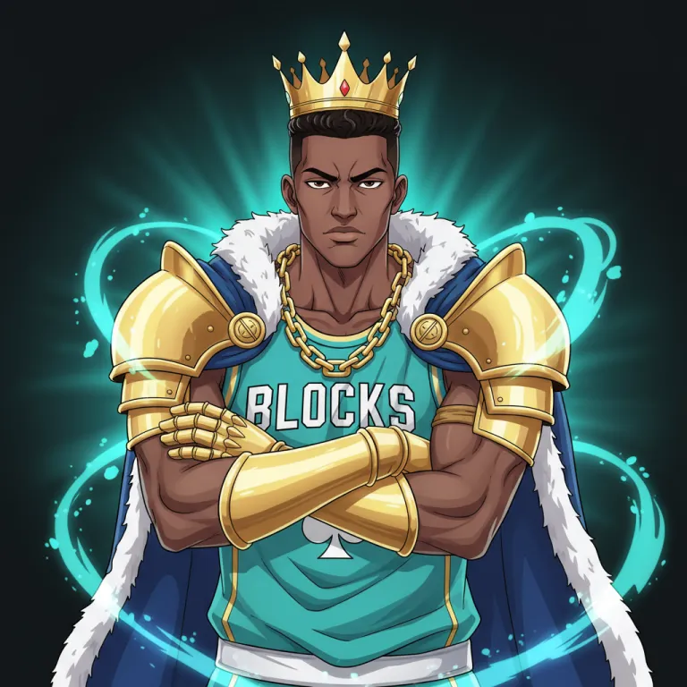 Jokerz card art: a crowned player in teal and gold armour with a royal cape and his arms crossed, the King of Clubs for blocks