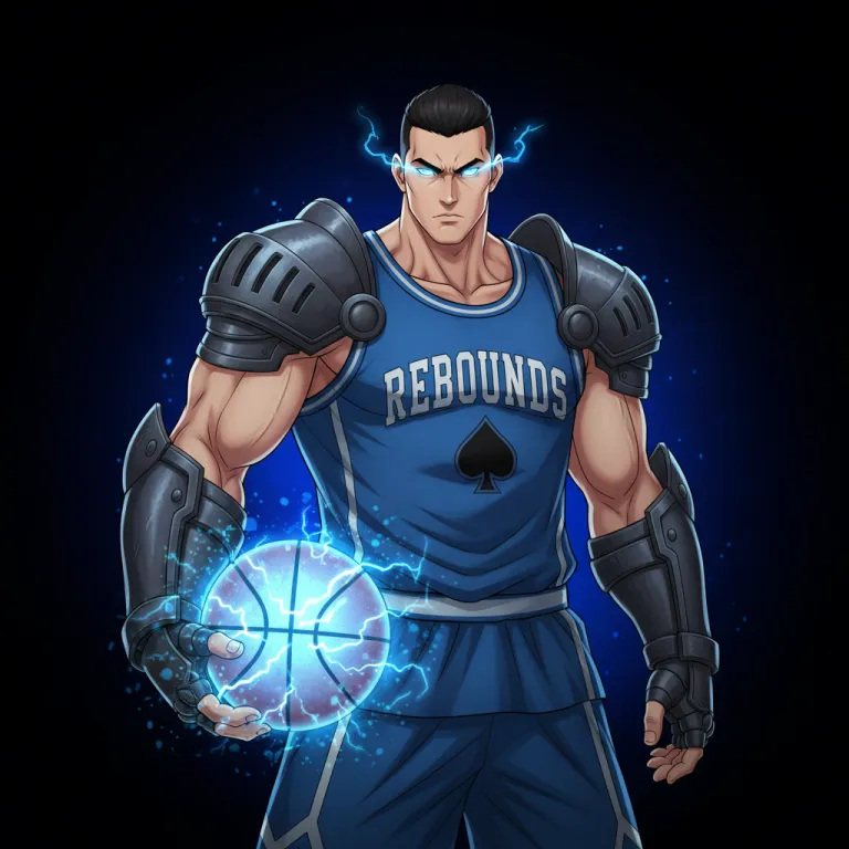 Jokerz card art: an armoured player in blue with a glowing blue basketball, the Joker of Spades for rebounds