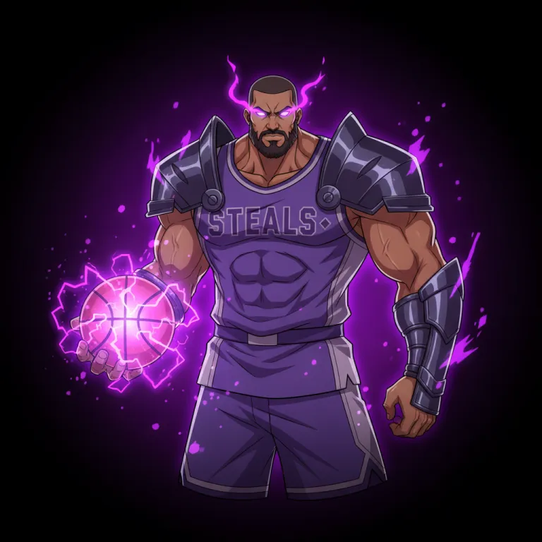 Jokerz card art: an armoured player in violet with crackling purple energy around his basketball, the Joker of Diamonds for steals