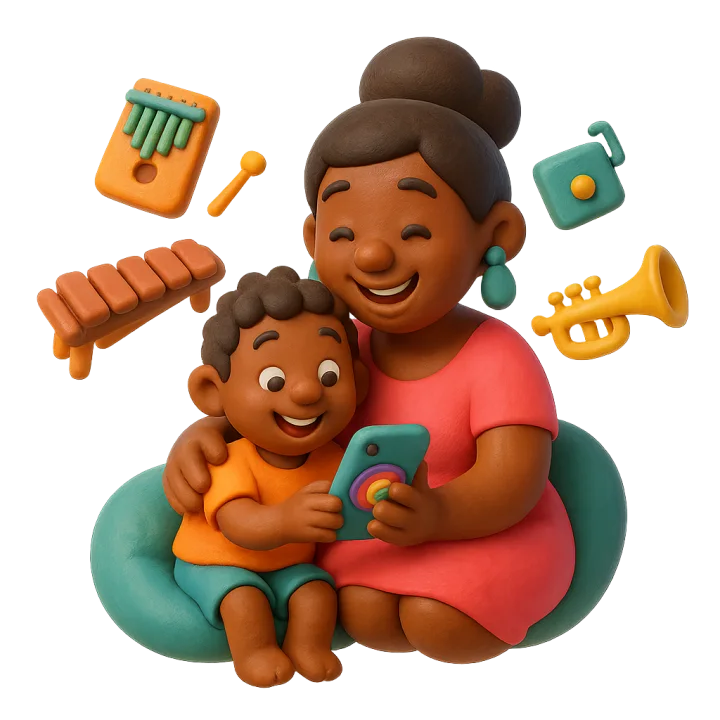 Clay figures of a mother and her young son playing Panjo on a phone together, among a kalimba, a xylophone and a trumpet
