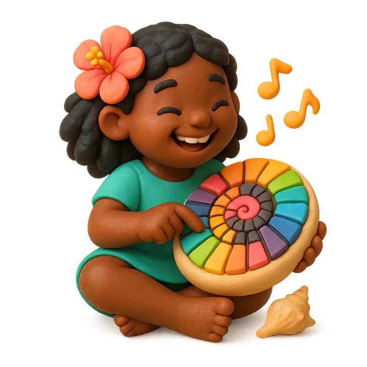 Clay figure of a laughing girl with a hibiscus in her hair, playing a rainbow spiral shaped like a sea shell, with music notes floating around her