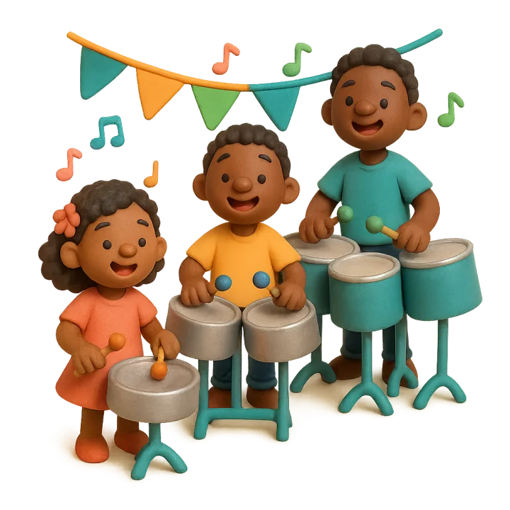 Clay figures of three children playing steel pans together under bright bunting