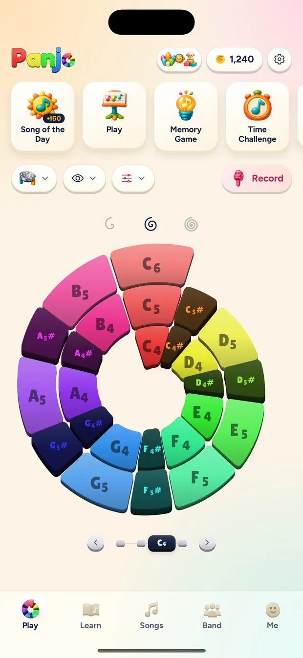 Panjo on a phone: a rainbow spiral of steel pan notes, every note its own colour