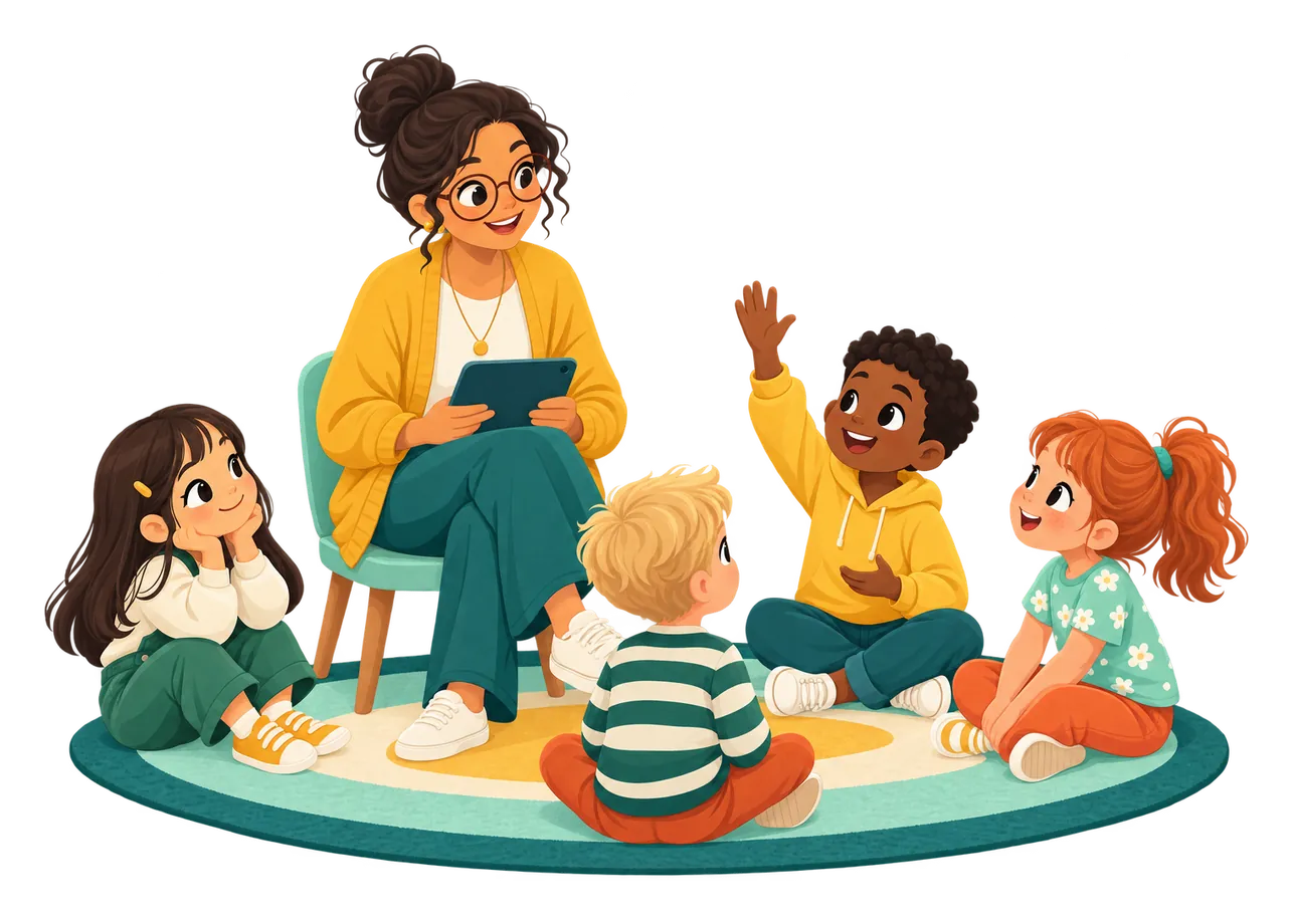 Illustration of a teacher in a yellow cardigan holding a tablet, with four children on a round rug around her, one raising his hand
