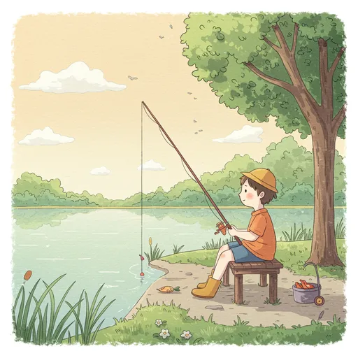 Watercolour picture book page of a boy in a sun hat fishing from a little stool beside a calm lake, under a leafy tree
