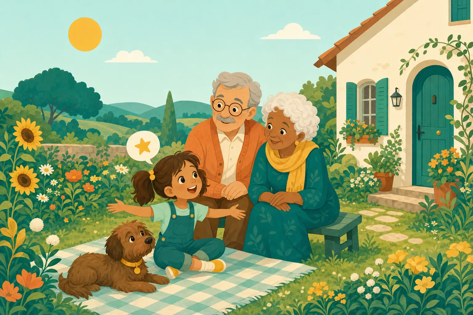 Storybook illustration of a girl in teal overalls on a picnic blanket, telling a story to her grandparents in a sunny garden, with a shaggy brown dog and sunflowers beside her