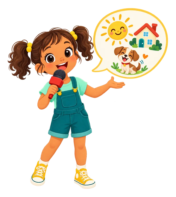 Illustration of a smiling girl holding a red microphone, with a speech bubble that shows the sun, her house and her dog